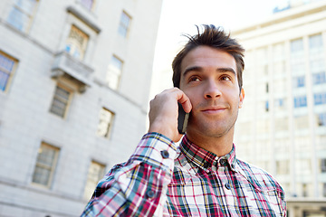 Image showing City, phone call and man with sunshine, conversation and communication with network and Italy. Person, outdoor and connection with smartphone or mobile user with discussion or contact with urban town