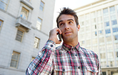 Image showing Outdoor, phone call and man with sunshine, connection and communication with digital app or Italy. Person, city or conversation with cellphone or mobile user with discussion or contact with buildings
