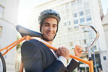 Image showing Morning, bicycle and city with portrait of businessman with commute for green and sustainable transport. Cyclist, smile and bike for carbon footprint in New York by urban street with cycling to job