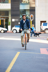 Image showing Morning, bicycle and city with road and businessman with commute for green and sustainable transport. Cyclist, travel and bike for carbon footprint in New York by urban street with cycling to job