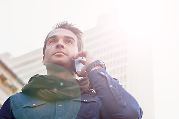 Image showing City, phone call and man with sunshine, connection and communication with digital app or Italy. Person, outdoor or lens flare with smartphone or mobile user with discussion or contact with urban town