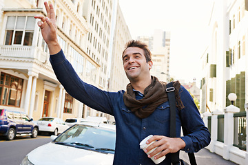 Image showing Hailing, city and travel with man, commute and happy with traffic or transportation with journey or road. Person, outdoor or Italy with guy or explore with morning coffee or street with wave or sign