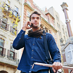 Image showing Outdoor, phone call and man with sunshine, travel and communication with bike or Italy. Person, commute or connection with cellphone or mobile user with discussion, cyclist or contact with urban town