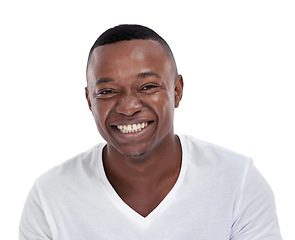 Image showing Man, portrait and smile in studio with confidence or white background or Nigeria, relaxed or mockup space. Black person, model and happiness or face for good mood with pride, casual or positivity