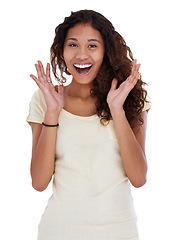 Image showing Happy woman, portrait and surprise for winning, good news or prize in fashion on a white studio background. Face of excited female person or model with smile for wow or amazing deal, offer or sale