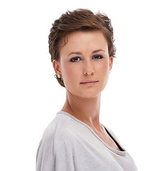 Image showing Woman, portrait and pride or confidence in studio with relax, attitude and calm expression with casual outfit or style. Fashion, person and face or serious with makeup or wellness on white background