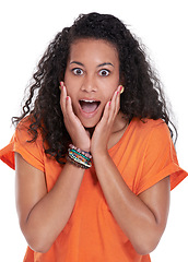 Image showing Excited woman, portrait and surprise for winning, good news or prize on a white studio background. Face of happy or young female person with smile in shock or wow for alert, deal or amazing offer