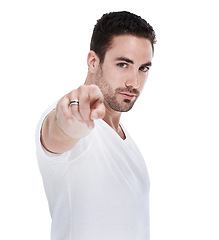 Image showing Man, portrait and pointing in studio for option, selection and confidence for choosing you. Male person, opinion and proud of decision or voice on white background, emoji and vote for opportunity