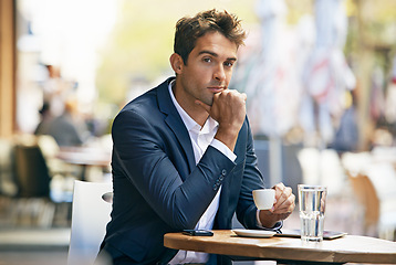 Image showing Business, man and portrait outdoor at cafe or entrepreneur relax and thinking at table with espresso. Professional, customer or person planning schedule at coffee shop with latte to drink in morning