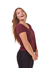 Image showing Fashion, confident and portrait of woman in studio with stylish, casual and trendy outfit with smile. Happy, laughing and beautiful female person with style and cosmetic face by white background.