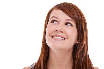 Image showing Woman, face and thinking or happy in studio for problem solving, contemplating and wondering on mockup space. Person, thoughtful or daydreaming with redhead, solution and smile on white background