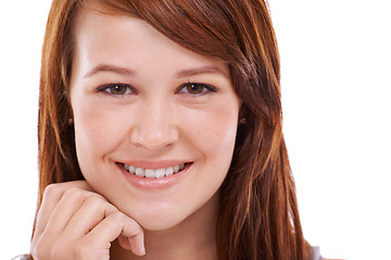 Image showing Face, woman and glow with skincare in studio, smile and white background with redhead treatment routine for healthy. Natural look, fresh soft skin with facial for beauty, confidence and self care