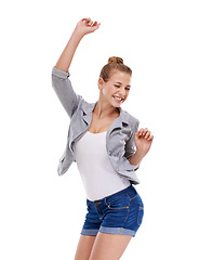 Image showing Excited winner, dancing or woman in studio isolated for news, announcement or bonus prize. Energy, smile or happy female person in celebration of fashion discount, success or sale on white background