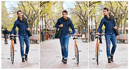 Image showing Collage, man and walking with bike for travel, city and carbon footprint for journey or commute with cycling. Eco friendly transport, bicycle with sustainability and moving on park path in New York