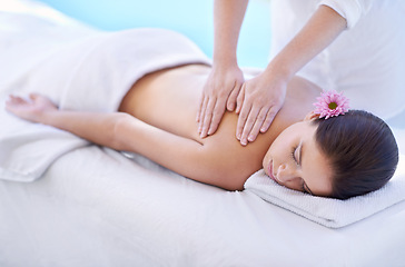 Image showing Sleep, spa and woman at pool for massage with health, wellness and luxury holistic treatment. Self care, peace and girl on table with professional masseuse for body therapy, relax and hotel service