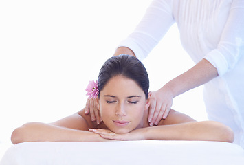 Image showing Sleep, massage and woman at spa with flower for health, wellness and luxury holistic treatment. Self care, peace and girl on table with masseuse for body, balance and relax with hotel service