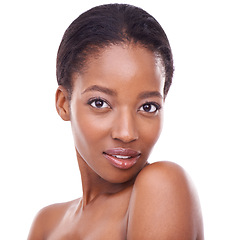Image showing Black woman, portrait and makeup in studio for skincare, glow or treatment in dermatology. Face, cosmetic and confident for beauty, wellness or feminine grooming isolated on white background