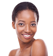 Image showing Closeup, skincare and black woman in white background with smile for glow, beauty and natural look with healthy skin. Happy, smooth and facial wellness for positive results, self care and cosmetics