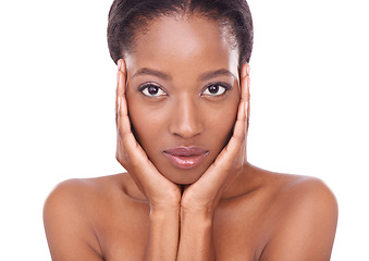 Image showing Face, glow and black woman for skincare in studio for treatment, beauty and natural look with healthy skin. Happy, soft and facial wellness for positive results, self care and aesthetics for hygiene
