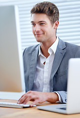 Image showing Businessman, laptop and computer with office, workspace and technology for work. Employee, corporate and desktop for accounting, business and review with research for planning or information