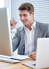 Image showing Businessman, computer and notebook with office, workspace and technology for work. Employee, corporate and desktop by laptop for accounting, business and success with paper for planning or portfolio