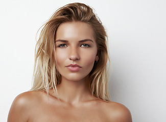 Image showing Skincare, beauty and portrait of woman in studio with natural, health and wellness face routine. Cosmetic, headshot and young female person with facial dermatology treatment by white background.