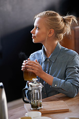 Image showing Woman, thinking and home with tea jug in kitchen for vision, idea and plunger for healthy and warm beverage. House, morning and fresh to taste, drink and relax for detox, enjoy and productive day.