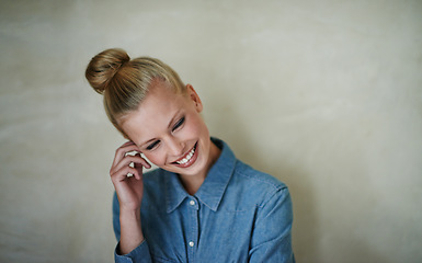 Image showing British woman, smile and studio with denim, style and fashion for hipster apparel. Female person, thinking and idea by background, shirt and casual look for cute and trendy aesthetic in thought