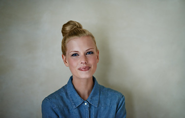 Image showing Hipster woman, portrait and studio with denim, style and fashion for streetwear. Canadian female person, smile and space in background, shirt and casual look for trendy and apparel for mockup