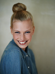 Image showing Portrait, woman and smile in studio with fashion, style and denim with laugh. Female person, happy and background with shirt, retro and casual look for beauty and trendy hipster aesthetic