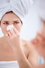 Image showing Woman, portrait and closeup of nose strip for beauty, pores and blackhead with smile and cosmetics. Person, face and happy with skincare product for skin, wellness and facial cleansing or grooming