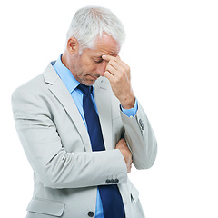 Image showing Studio, headache and senior businessman frustrated in mockup and attorney with migraine. Mature person, mistake and fatigue with burnout in lawyer job, work and legal fail by white background