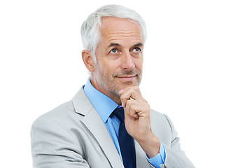 Image showing Idea, senior man and suit in studio with white background, thinking for future plans. Corporate, professional and formal with experience, wisdom and business career with advice for entrepreneurs