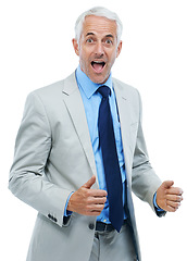 Image showing Studio, portrait or mature businessman in surprise for bonus or professional worker with good news. Senior lawyer, face or shock for deal announcement or excited for winning by white background