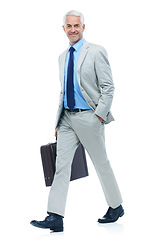 Image showing Studio, portrait or mature businessman for walk in confidence or travel with briefcase in professional career. Senior person, face or happy in accounting job, mockup or journey by white background