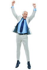 Image showing Business, portrait and man jump in studio for joy, excitement and promotion at corporate work. Mature, worker and smile with happiness for manager position by company, success with white background