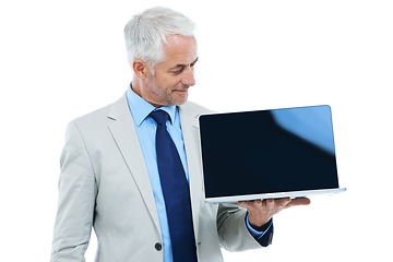 Image showing Manager, businessman and laptop screen in studio isolated on a white background mockup space. CEO, senior and professional with computer display, advertising and show promotion information on tech