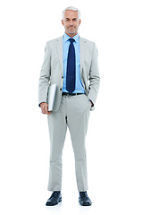 Image showing Studio, mature businessman or confident by laptop in portrait, corporate suit or internet connection for job. Senior it professional, face or technology in career pride or network by white background