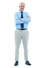 Image showing Studio, portrait or mature businessman happy in career and confident professional with arms crossed. Senior accountant, face or smile for auditing job in corporate or positive by white background