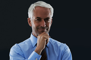 Image showing Confident, portrait and mature businessman or lawyer in black background, studio and mockup. Professional, attorney and pride as corporate legal advisor and consultant of law for business decision