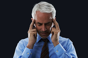 Image showing Stress, CEO and thinking in studio with anxiety for meeting, public speaking or presentation. Mature male person, leader and hand on temples for headache, ideas or frustrated on black background