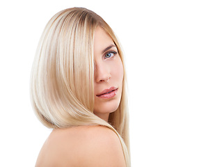 Image showing Hair care, beauty and portrait of serious woman in makeup isolated on a white studio background. Face, hairstyle and blonde model in cosmetics, hairdresser or salon treatment for care on mockup space