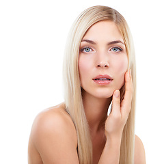 Image showing Skincare, touch and portrait of woman, hair and beauty in isolated on a white studio background. Face, hairstyle or hand of blonde model in cosmetics, glow or salon treatment at hairdresser for shine