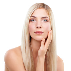 Image showing Skincare, hand and portrait of woman, hair and beauty makeup isolated on a white studio background. Face, touch and hairstyle of blonde model in cosmetics, hairdresser and salon treatment for glow