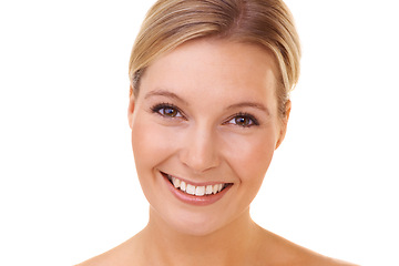 Image showing Lady, portrait and smile for cosmetic, backdrop and white background in studio. Person, happiness and face of skincare, self care and glow of skin for beauty and treatment results of dermatology