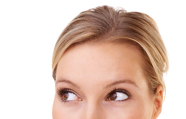 Image showing Closeup, eyes and woman with ideas, questions and decisions while planning, thinking and dreaming. Mockup, female person and vision with memories or dreams of future with white background in studio