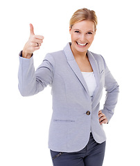 Image showing Woman, studio and portrait with emoji, thumbs up and smile for thank you, confidence and suit. Entrepreneur, happiness and white background for approval, excited and attitude for contact and wow