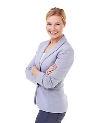 Image showing Pride, crossed arms and portrait of woman in studio with positive, good and confident attitude. Happy, smile and young female person with business fashion or style isolated by white background.