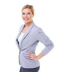 Image showing Businesswoman, confident and smile on white background with fashion for startup, job and portrait. Professional, entrepreneur and opportunity with hand on hip for pride, career and isolated in studio