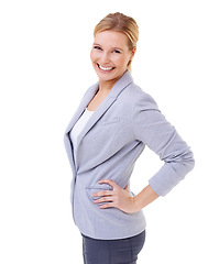 Image showing Businesswoman, fashion and smile in studio with confidence for startup, opportunity and portrait. Professional, entrepreneur and hands on hips for job, pride and career isolated on white background